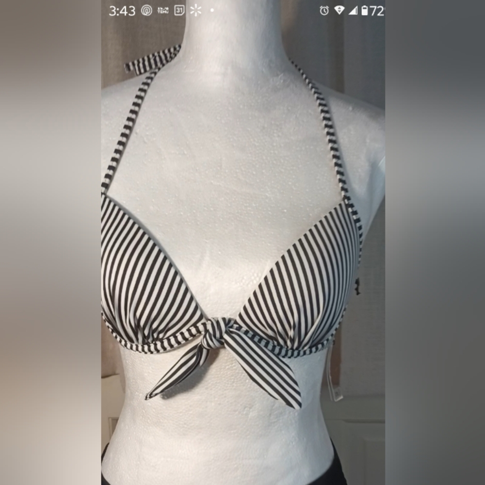 NWT SHADE & SHORE Striped Black & White Bikini Top 32B